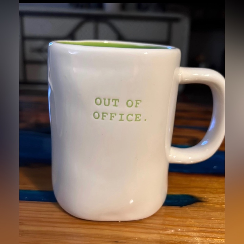 Rae Dunn “out of office” coffee mug. green letters, lime green on the inside
